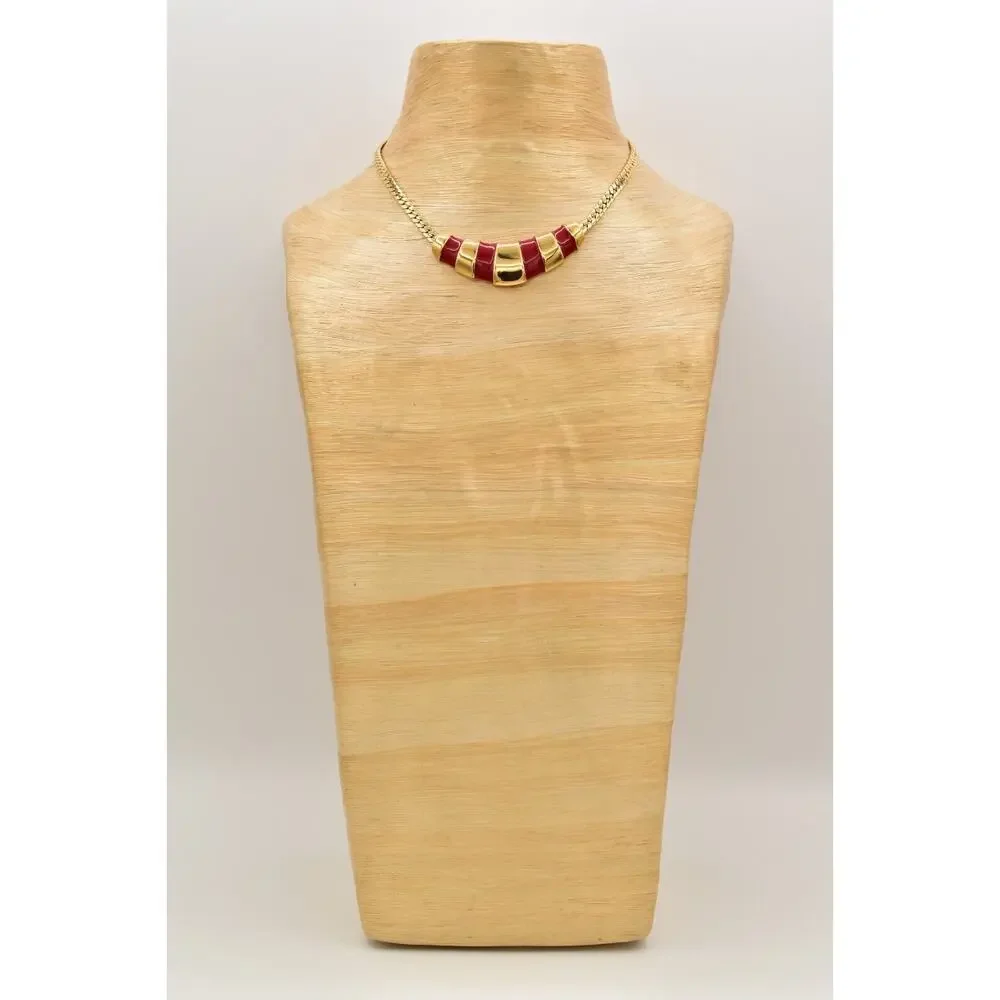 Napier Vintage Collar Necklace Red Enamel Gold Herringbone Chain Signed BinA17